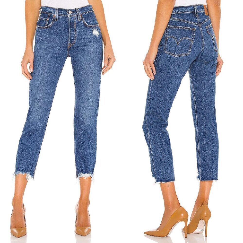 Levis 501 Charleston Fun Medium Wash Frayed Raw Hem Cropped Jeans